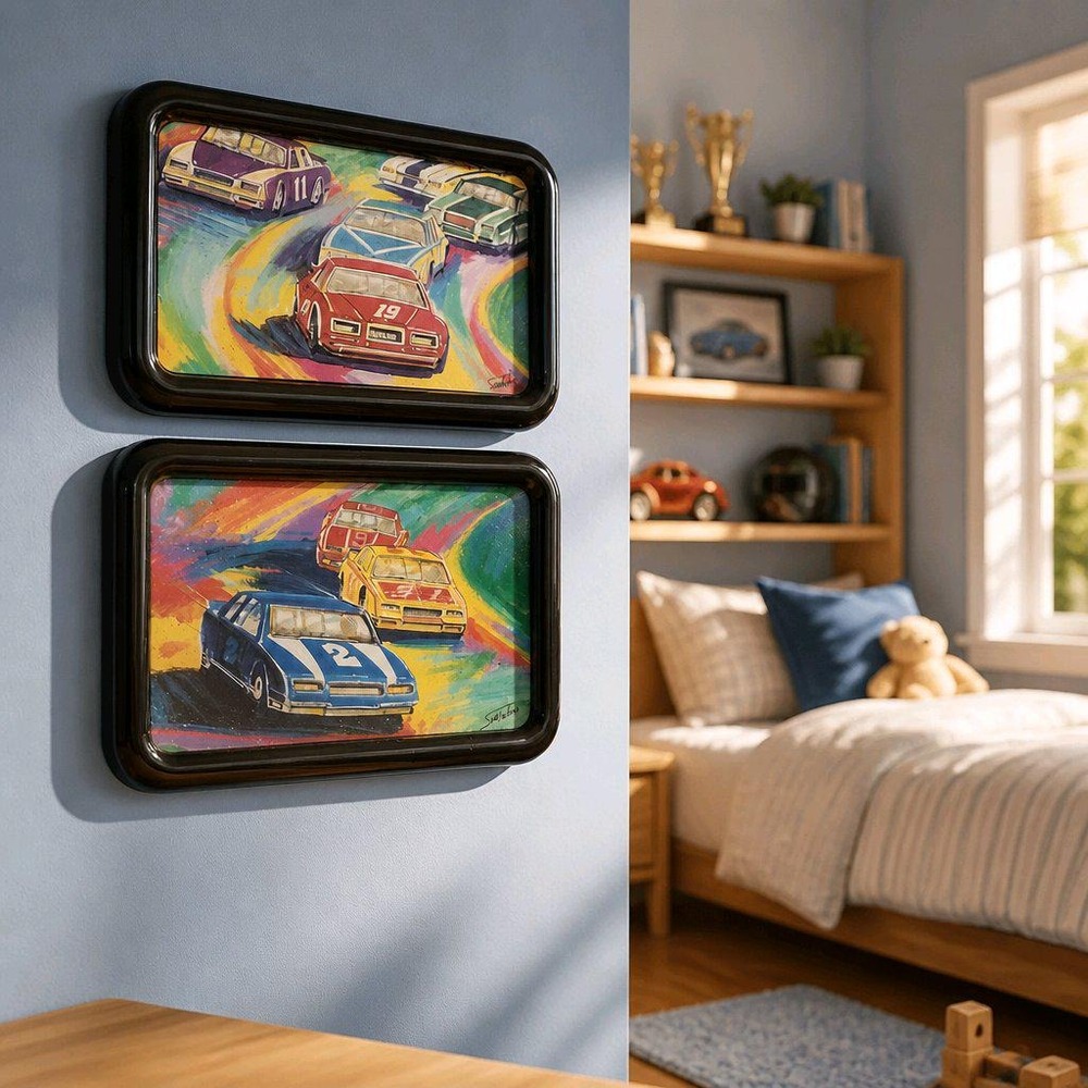 Framed Art Prints Vintage NASCAR Race Car Wall Plaques Set of 2